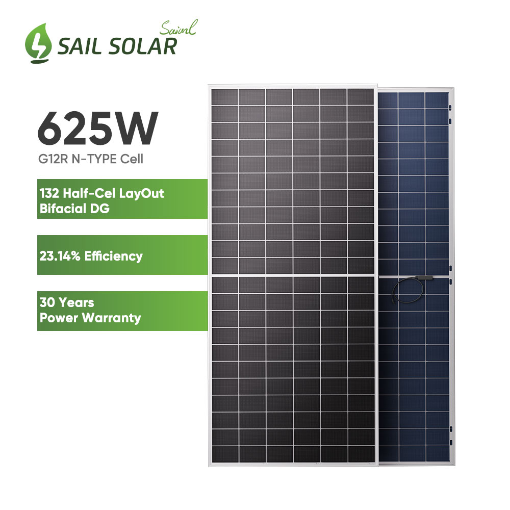 لوحة شمسية SAIL SOLAR 132 بتصميم نصف خلية، ثنائية الجوانب، زجاجية مزدوجة، 605 واط، 610 واط، 615 واط، 620 واط، 625 واط